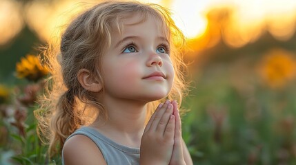 side view of a caucasian christian little girl praying,photography