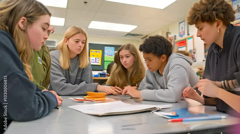 Poster four high school students work together on a group project in a classroom, students eagerly particip