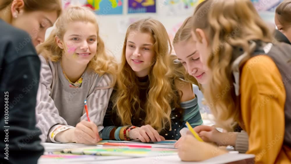 Poster four students work together on a group project in a classroom, students eagerly participating in a g