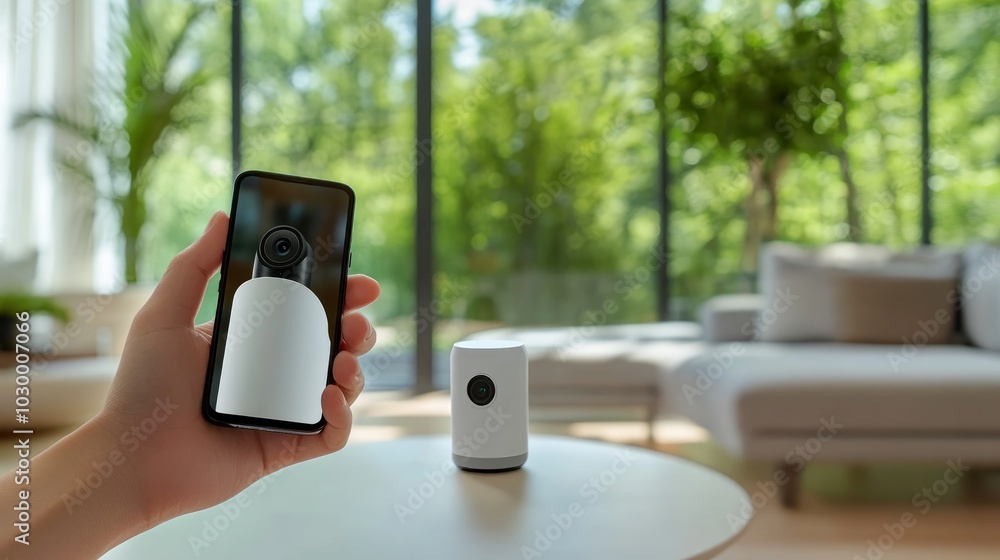Poster a hand holds a smartphone displaying a live feed from a home security camera, which is sitting on a 