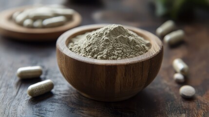 Natural Supplement Powder: A close-up view of a rustic wooden bowl brimming with a natural green powder supplement, accompanied by capsules and a wooden background.