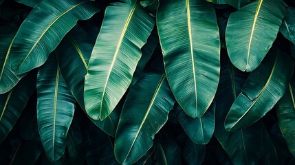 Obraz premium Closeup of Lush Green Banana Leaves for Tropical Background and Texture Clean Blank Canvas with Empty Space for Designs