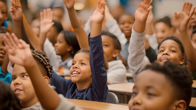 A classroom filled with eager elementary school students raising their hands to answer questions, Students eagerly raising their hands to answer a question