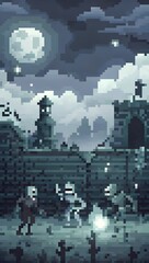 Zombies and skeletons emerging from fog at night pixel art background. 8-bit game assets