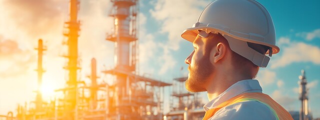 Double exposition. Future building construction engineering project. Oil and gas plant. Building engineer, architect people or construction worker working with modern civil equipment