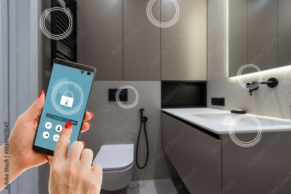 Poster smart home technology, iot internet of things interface on smartphone app screen connected objects i