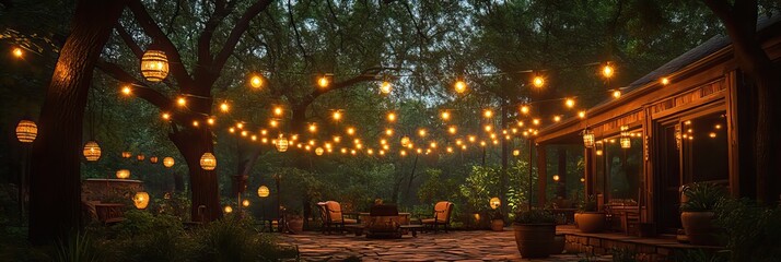 Outdoor lights strung from an eave create a warm, inviting atmosphere amid gently swaying trees.