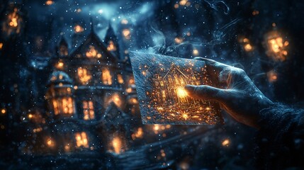 A mysterious hand unveils a glowing house in a dreamlike landscape filled with enchantment and wonder