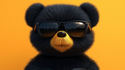 Cute dark fluffy teddy bear wearing sunglasses on yellow background	
