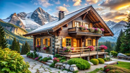 Obraz premium Charming Cabin with Wooden Balcony in Mountain Landscape at Sunset 