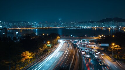 A long exposure shot of a highway at night with a city skyline in the background.