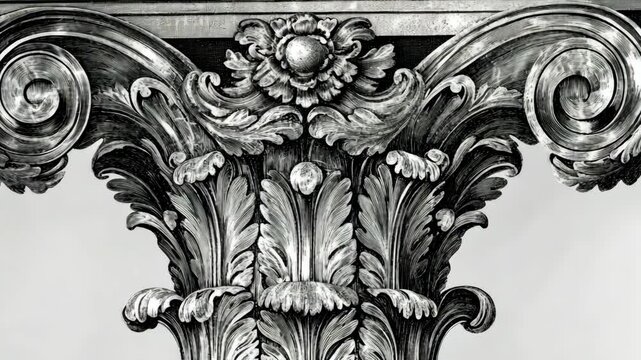 A close-up of an ornate, carved capital on a column, highlighting intricate details and scrollwork