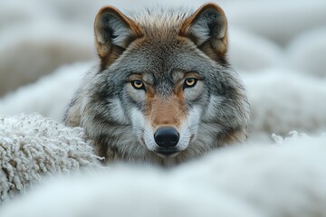 A wolf camouflages among sheep.