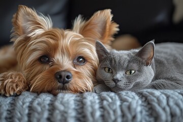 A Yorkshire terrier and a gray cat rest on a TV room floor.