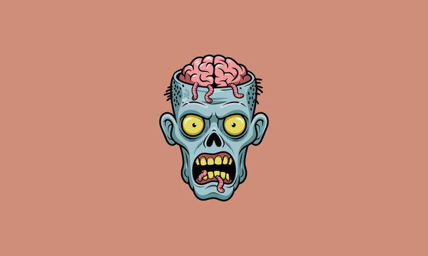 Creepy zombie head with exposed brain and wide eyes.