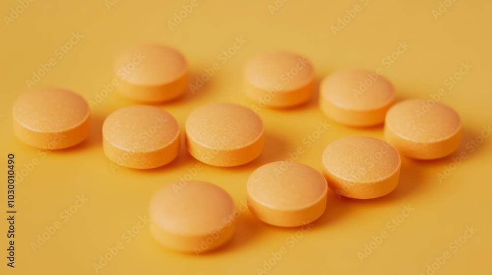 Aufkleber pills on yellow backdrop: this image captures a close-up view of several pills arranged on a smooth 