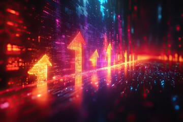 Obraz premium Glowing arrows on a digital background depict growth in business or technology.