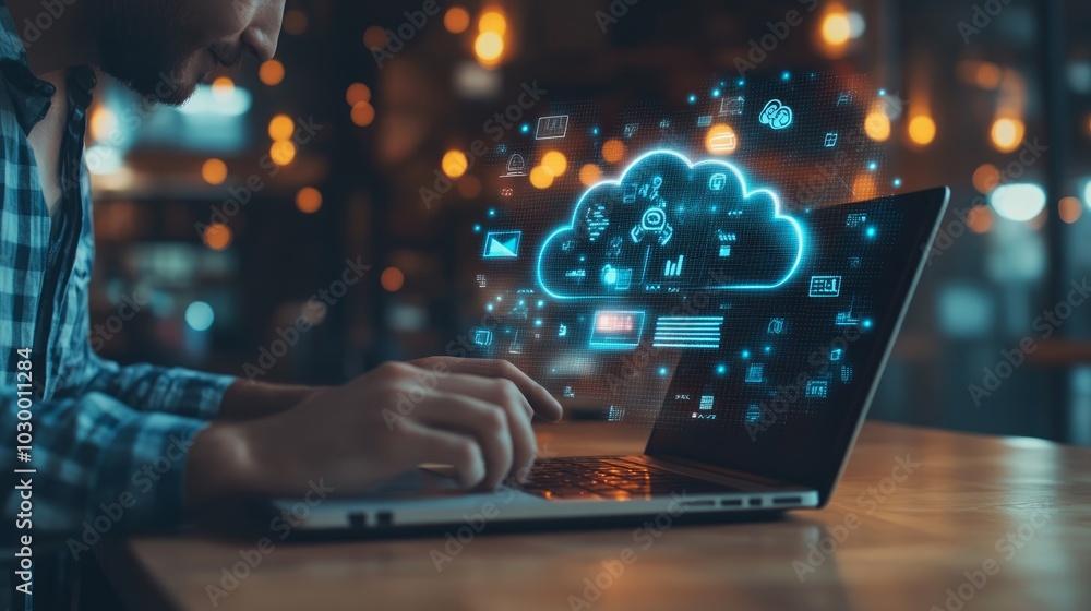 Poster a man works on a laptop with a cloud computing icon hovering above it.