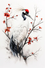 Japanese Crane.  Generated image.  A digital illustration of a pencil drawing of a Japanese crane, warm atmosphere, Japanese taste with  white background, flowers blooming.