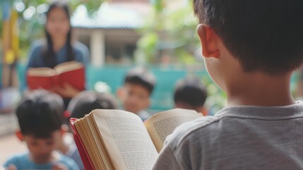 Close-up School Kids Learning, kids reading books, teacher observing and assisting from the back