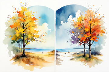 Fototapeta premium Watercolor painting showing changing seasons on the coast