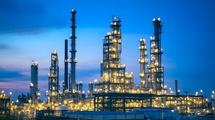 Obraz premium A large industrial complex with many tall buildings and a lot of lights. The sky is blue and the sun is setting