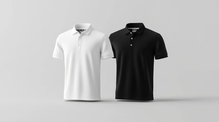 Plain black and white polo shirt mockup isolated, front view, 3d rendering. High-quality cotton fabric, short sleeves, empty uniform for logo or design placement