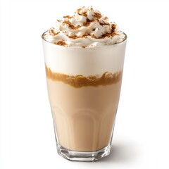 Delicious chai tea latte with whipped cream and cinnamon on white background for beverage enthusiasts