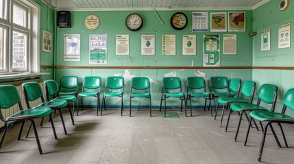 Green Chairs in a Room with Posters and Clocks