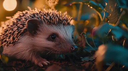 Fototapeta premium Tiny Hedgehog Exploring a Garden at Night