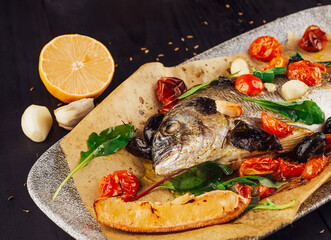 Dorado fish being cooked with vegetables on baking paper is served on plate