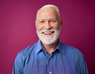 Fototapeta premium Headshot Portrait of a Smiling Mature Man with Contemporary Style, Isolated on Color Background with Ample Copy Space