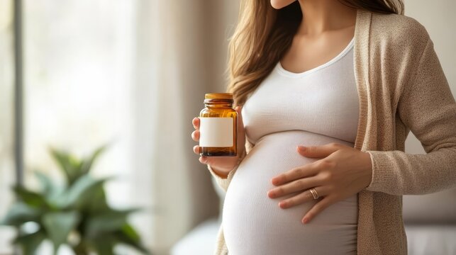 Prenatal Care: Expectant Mother Gently Holds Supplement Bottle 