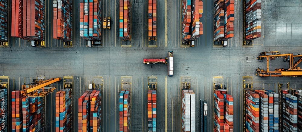 Aufkleber an aerial view of a busy container port, with rows of colorful shipping containers and a single truc