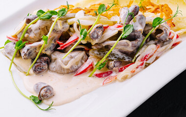 Creamy seafood pasta delight on a white plate