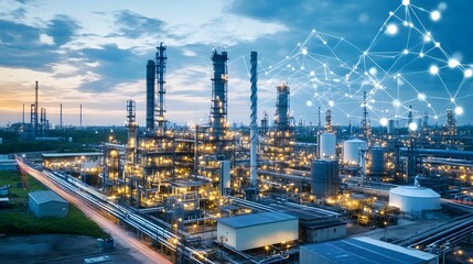 Fototapeta premium A city skyline with a lot of lights and a network of lines. The city is a large industrial area with many factories and buildings. The lights and the network of lines give the impression of a busy