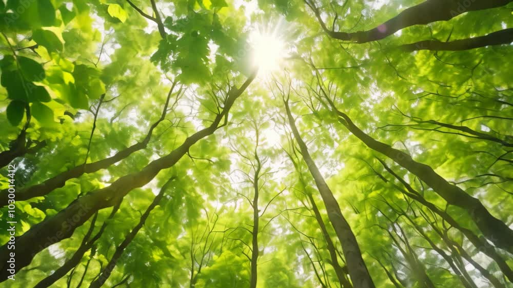 Poster sunlight streams through the dense canopy of trees in a summer forest, casting dappled shadows on th