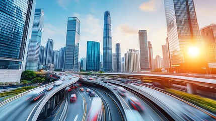 High Speed Cityscape: Traffic Flowing Through Modern Towers Clean Blank Canvas with Empty Space for Designs