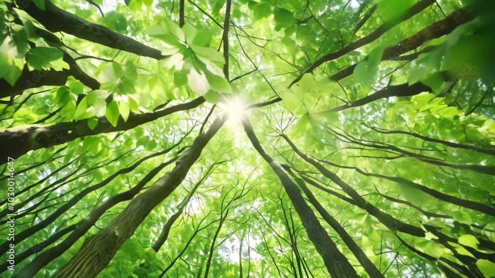 Poster a view looking up through the dense canopy of trees in a forest, with sunlight shining through the l