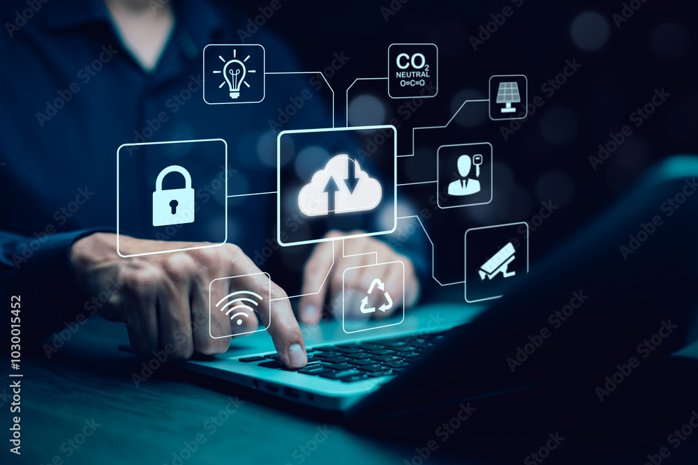 Aufkleber cloud technology concept global network of metaverse systems concept, man hand touch data with inter
