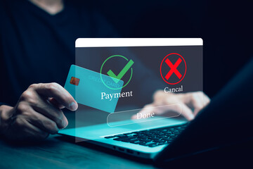 Online payment with digital marketing, Smartphone with banking online bill payment Approved concept button, credit card and network connection icon on business technology virtual screen background