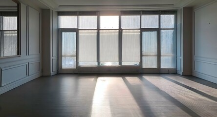 A spacious room featuring a vast window Sunlight casts a lengthy shadow onto the wall and floor