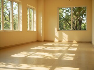 Fototapeta premium A spacious room featuring a vast window Sunlight casts a lengthy shadow onto the wall and floor
