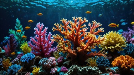 Obraz premium A vibrant underwater scene with colorful coral reefs and small fish swimming in the blue water.