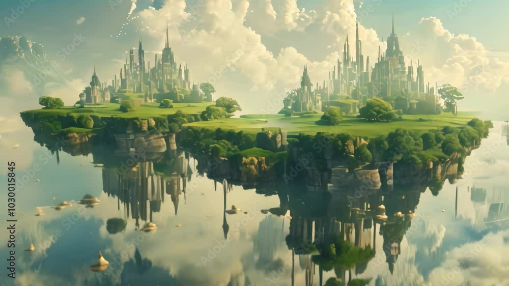 Poster two floating islands with lush vegetation and towering castles reflected in a cloudy sky, surreal la