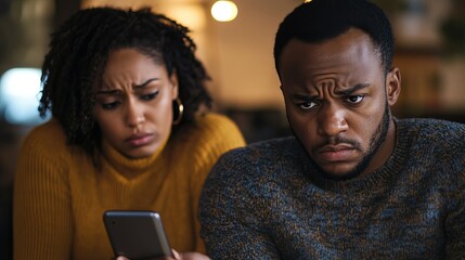 Anxious Couple Scrolling Social Media on Phone