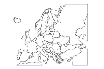 Blank Europe map contour silhouette vector illustration isolated on white background. European continent territory.world map outline, linear doodle illustration.