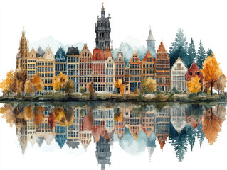 Fototapeta premium Belgium, Charming European town with spires and autumn reflections