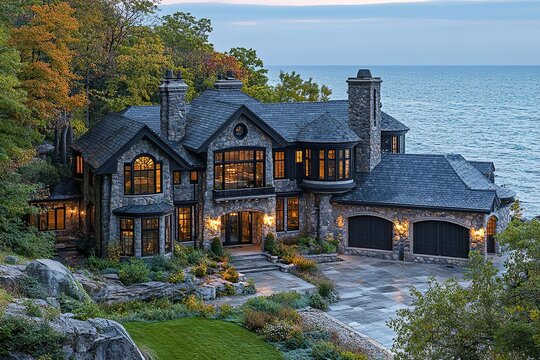 Aerial view of a luxury lakeside home with landscaping and a garage on Lake Michigan.