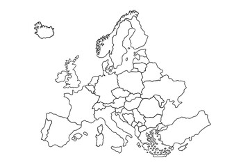 Blank Europe map contour silhouette vector illustration isolated on white background. European continent territory.world map outline, linear doodle illustration.